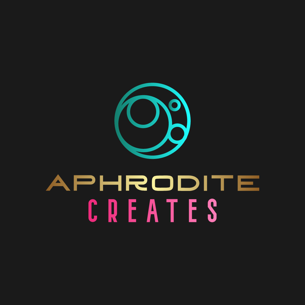 The Aphrodite Creates logo a sign of contemporary artistic genius. The circular turquoise symbol and hot pink and gold typeface on deep grey background signify luxury, talent and vision.